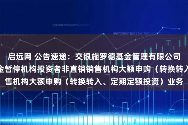 启远网 公告速递：交银施罗德基金管理有限公司关于交银天益宝货币基金暂停机构投资者非直销销售机构大额申购（转换转入、定期定额投资）业务